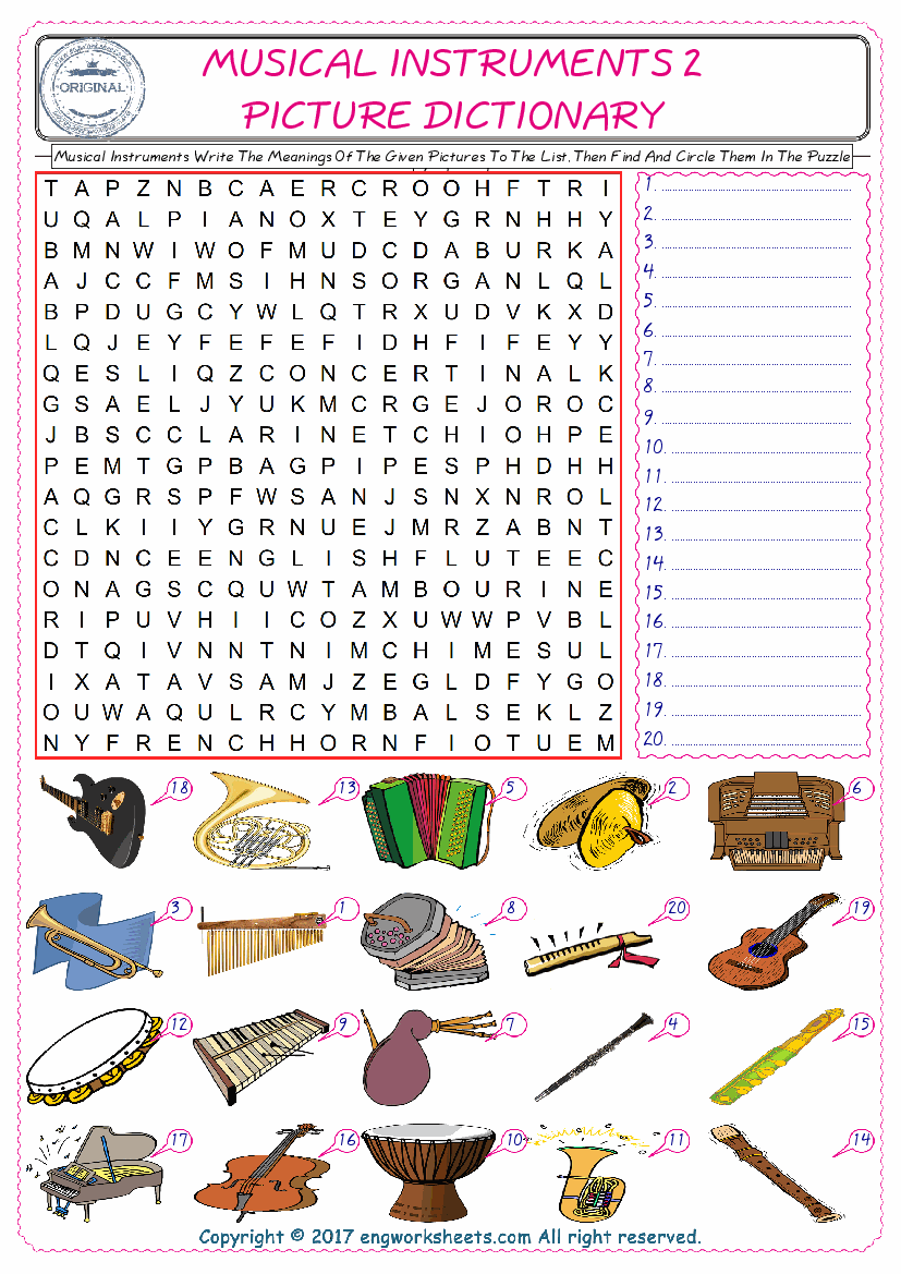  For kids, check the picture of Musical Instruments find, and write the word and find it in the word puzzle ESL printable worksheet. 